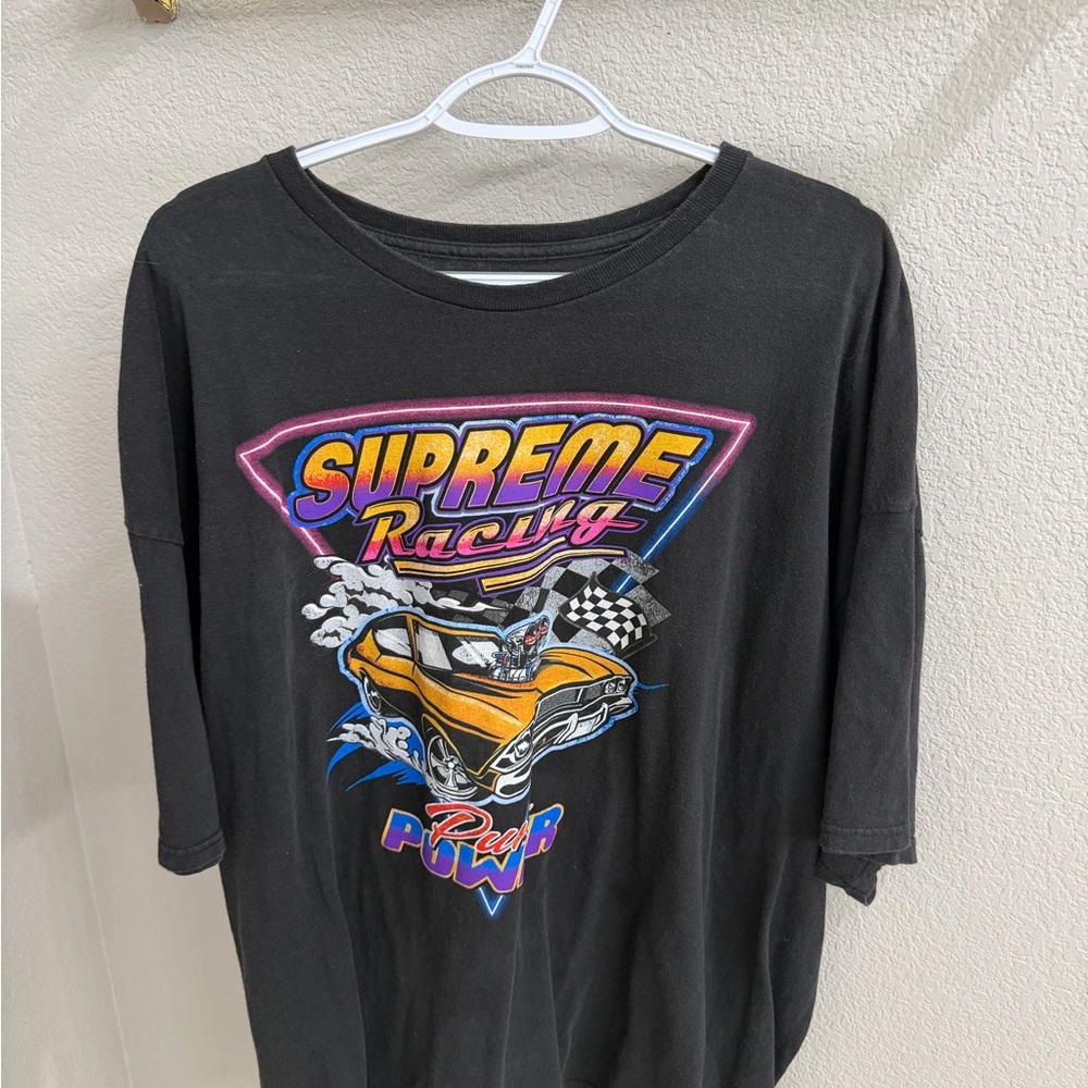 Supreme Black Tee with Colorful Racing Design